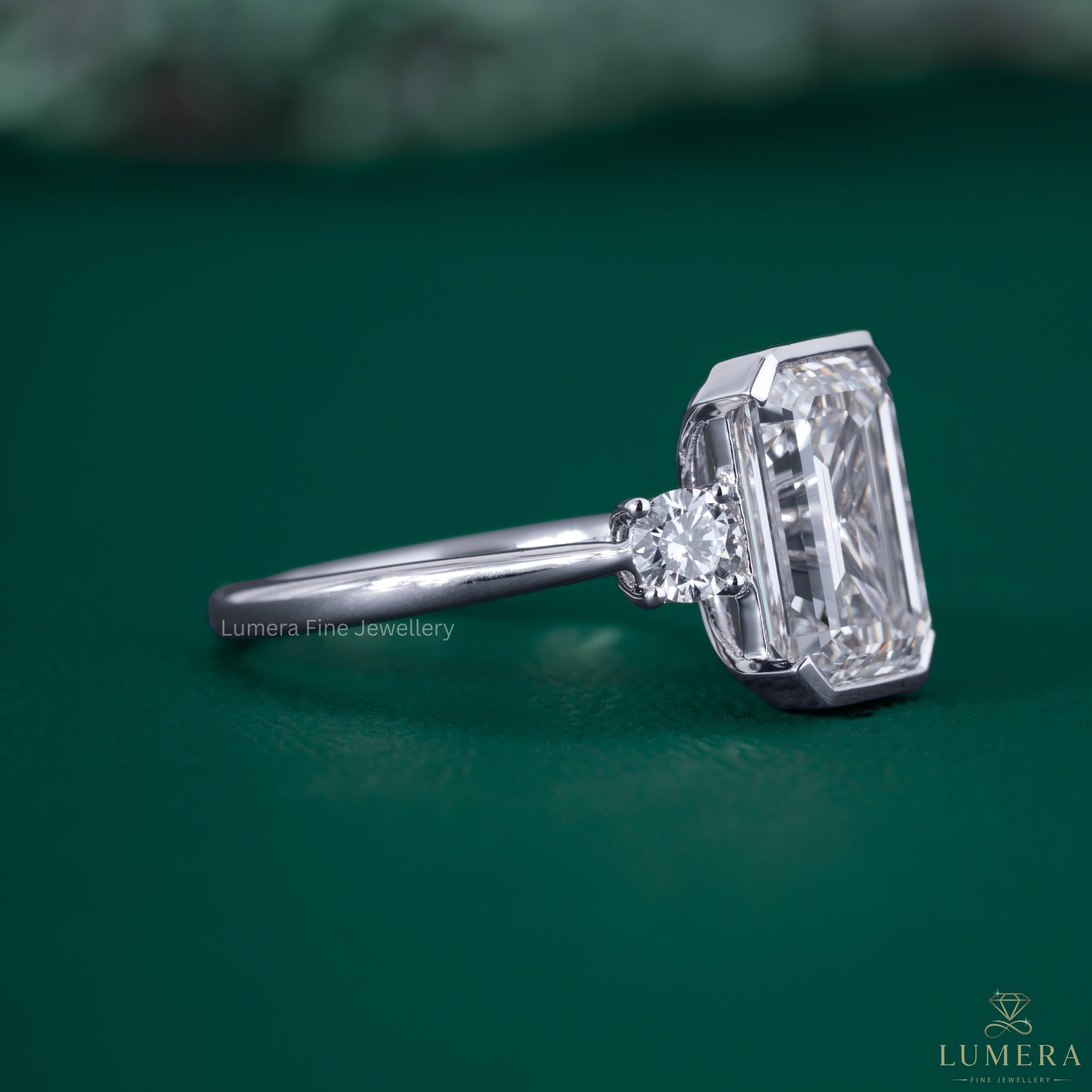 Emerald diamond ring with trilogy diamond ring.