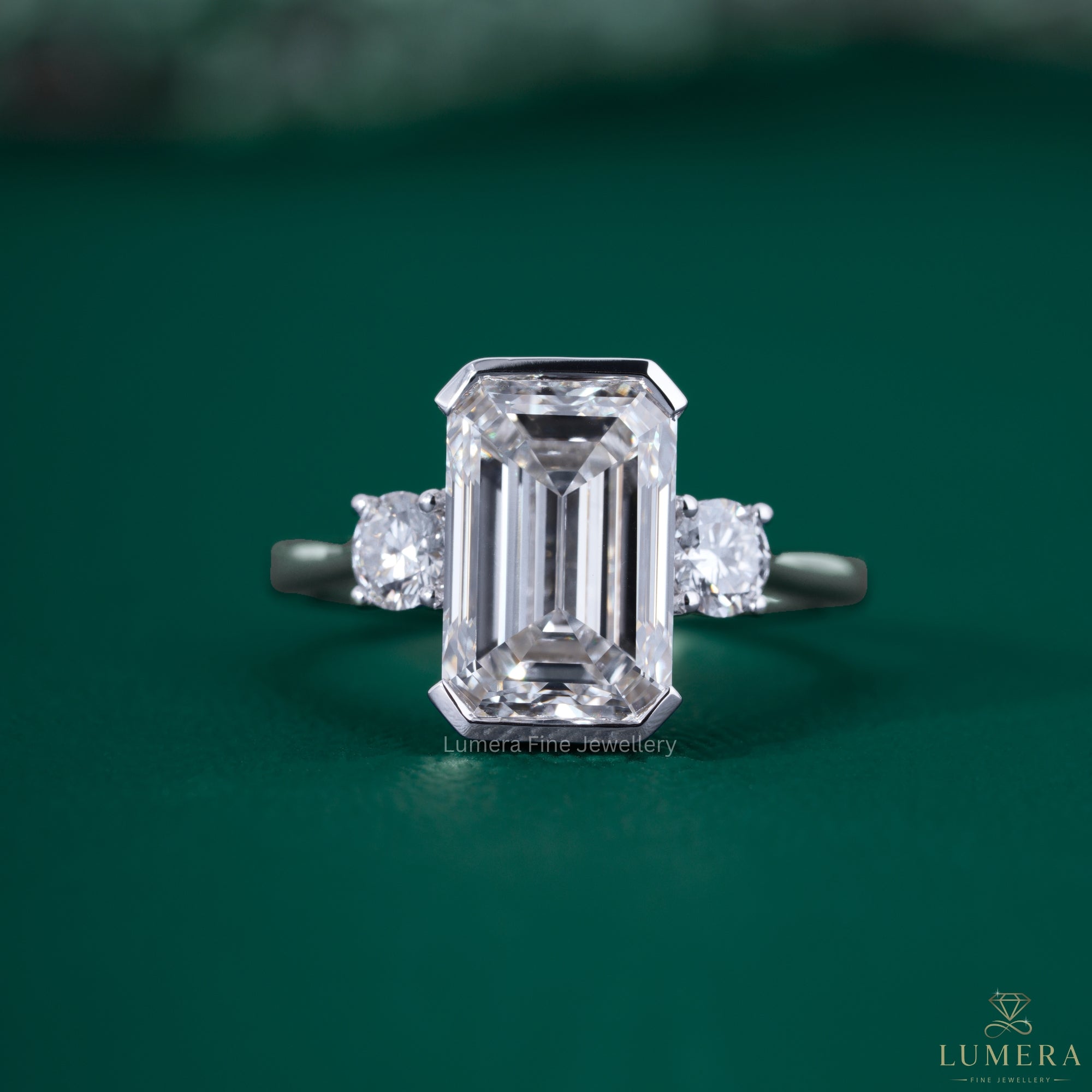 Half bezel engagement ring with emerald diamond engagement ring.