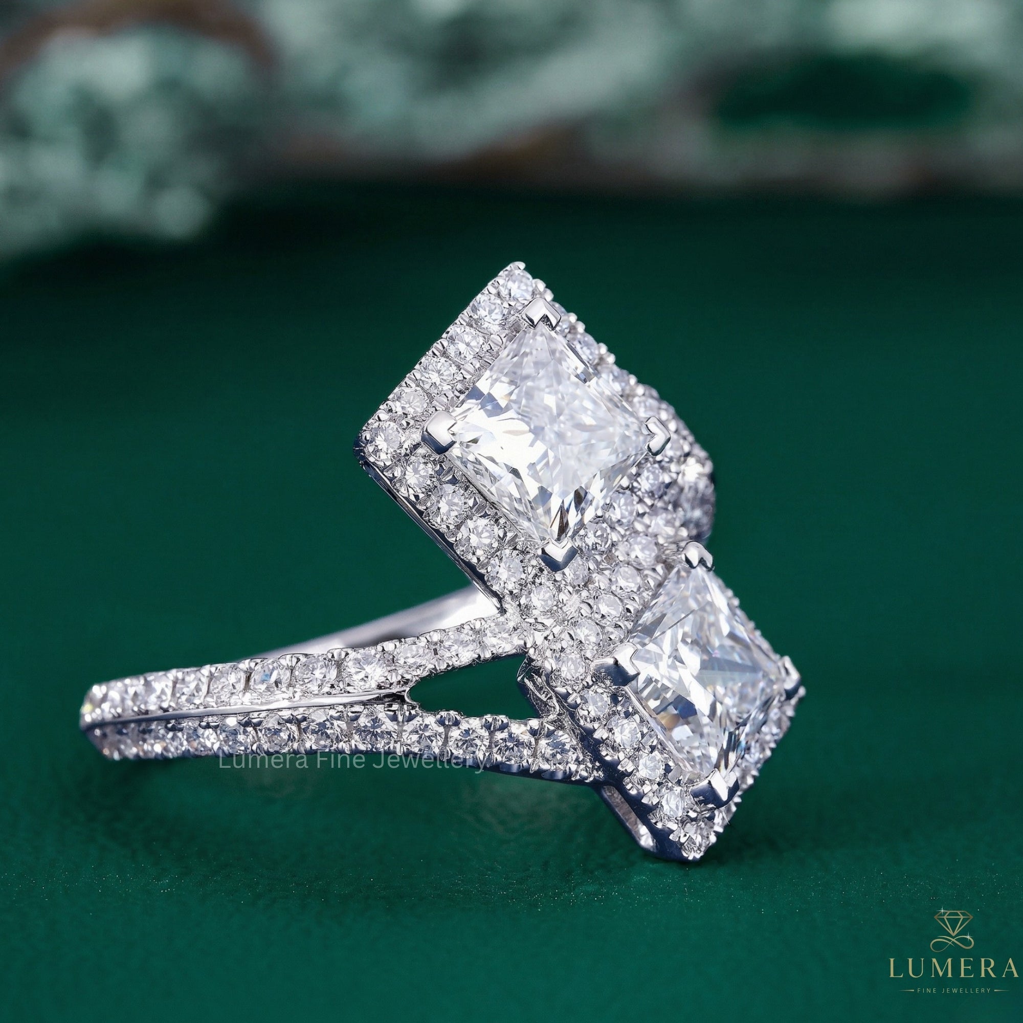 princess diamond ring with toi et moi engagement ring.