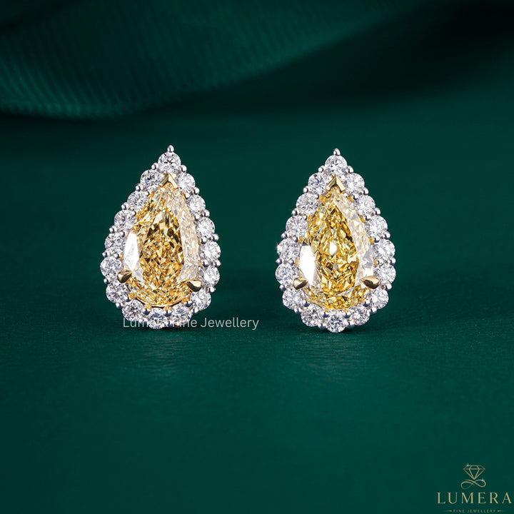 3.70 TCW Lab Grown Diamond Yellow Pear Cut Halo Stud Earrings