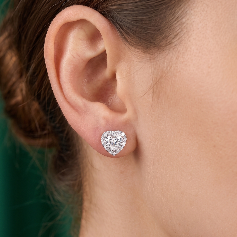 Solid Gold Lab Grown Diamond Heart Halo Earrings