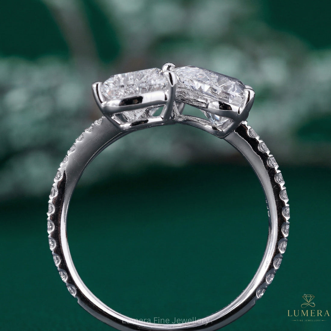 3 stone engagement ring with branch ring.
