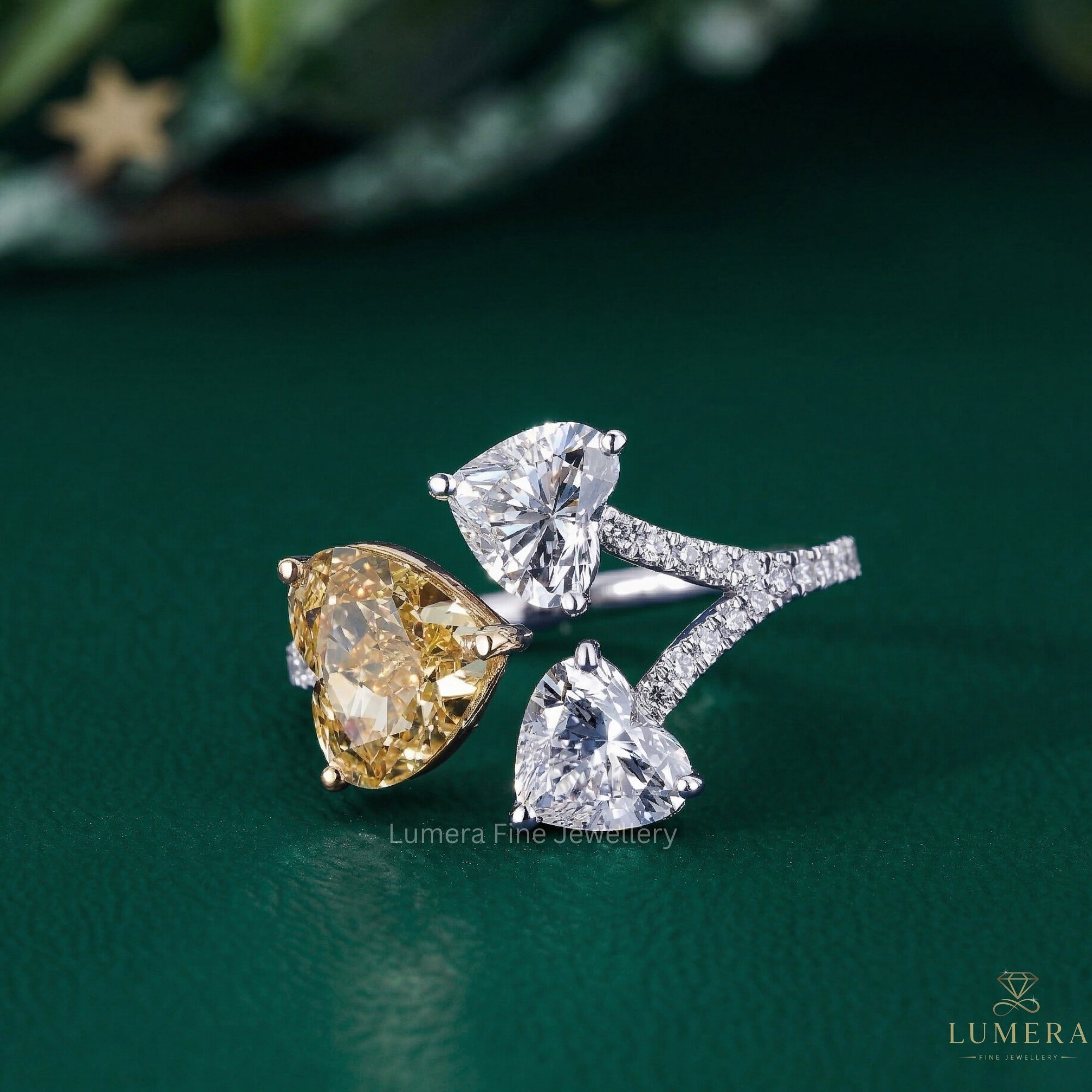 yellow diamond heart shape ring with three stone heart diamond ring.
