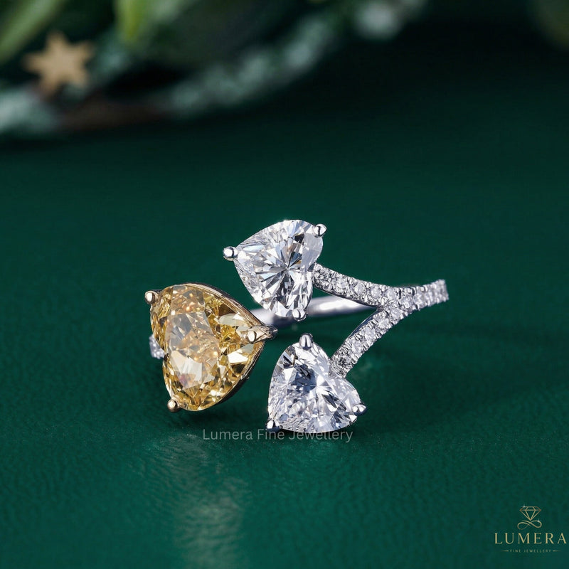 yellow diamond heart shape ring with three stone heart diamond ring.
