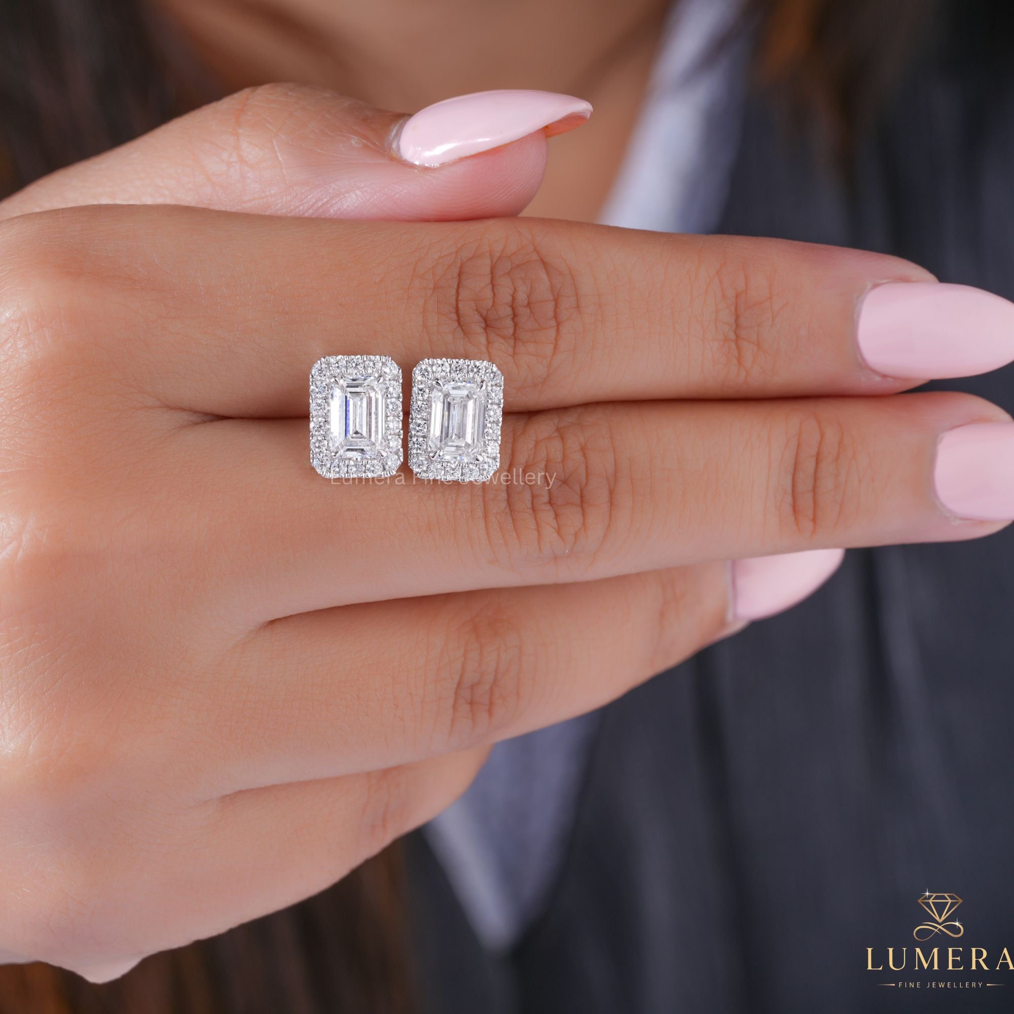 Lab Grown Diamond Emerald Cut Halo Earrings
