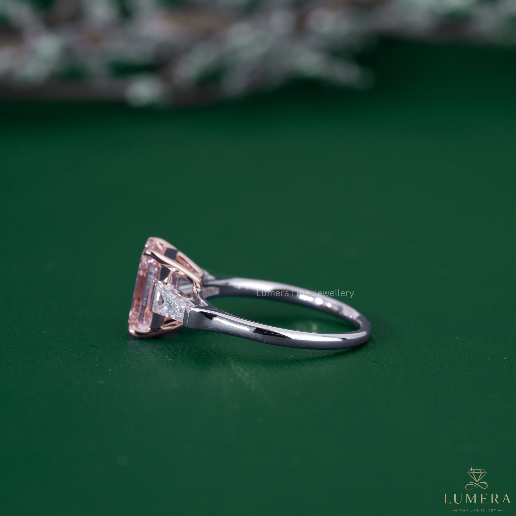 Basket setting showcasing a fancy pink diamond ring.