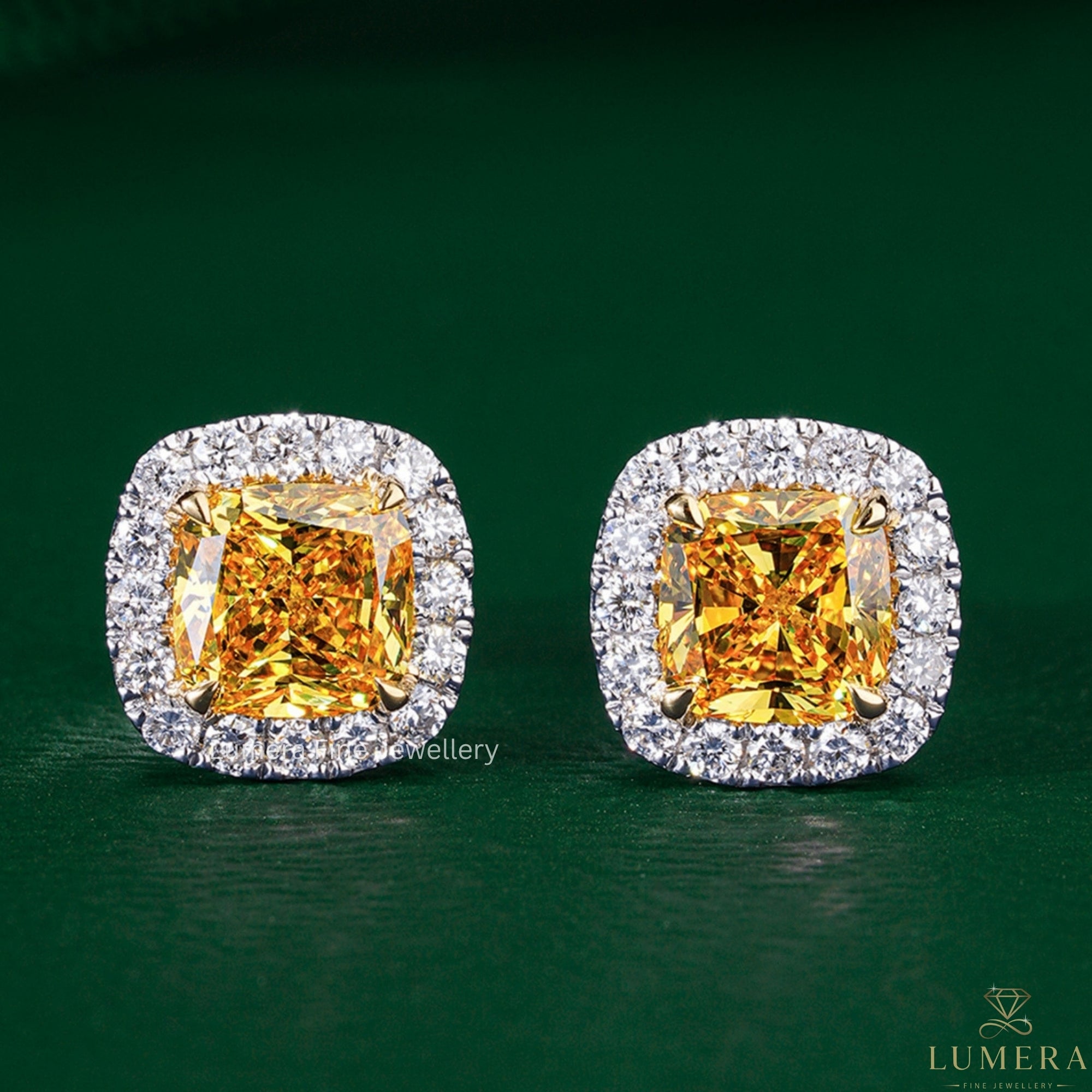 3.50 TCW Lab Grown Diamond Fancy Yellow Cushion Cut Halo Stud Earrings