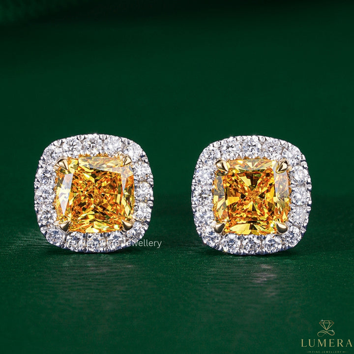 3.50 TCW Lab Grown Diamond Fancy Yellow Cushion Cut Halo Stud Earrings