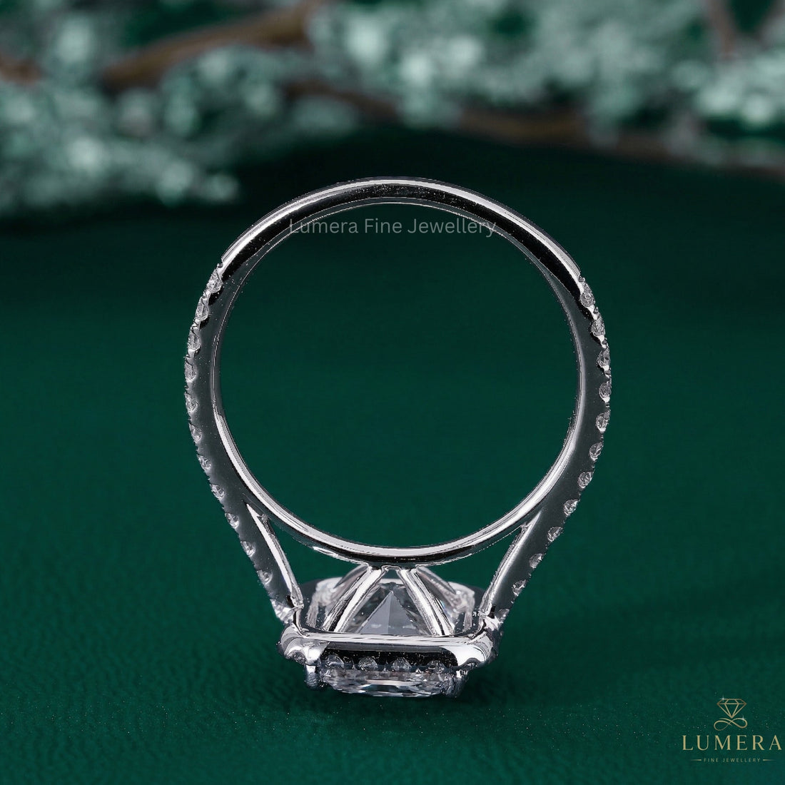 halo diamond engagement ring with cathedral setting ring.