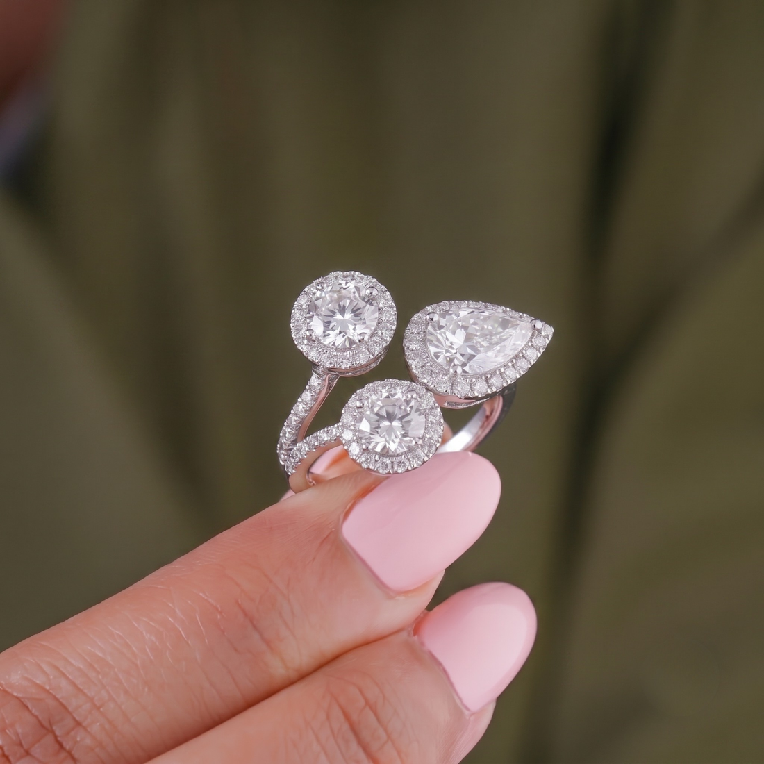 Pear And Round Three Stone Diamond Engagement Ring