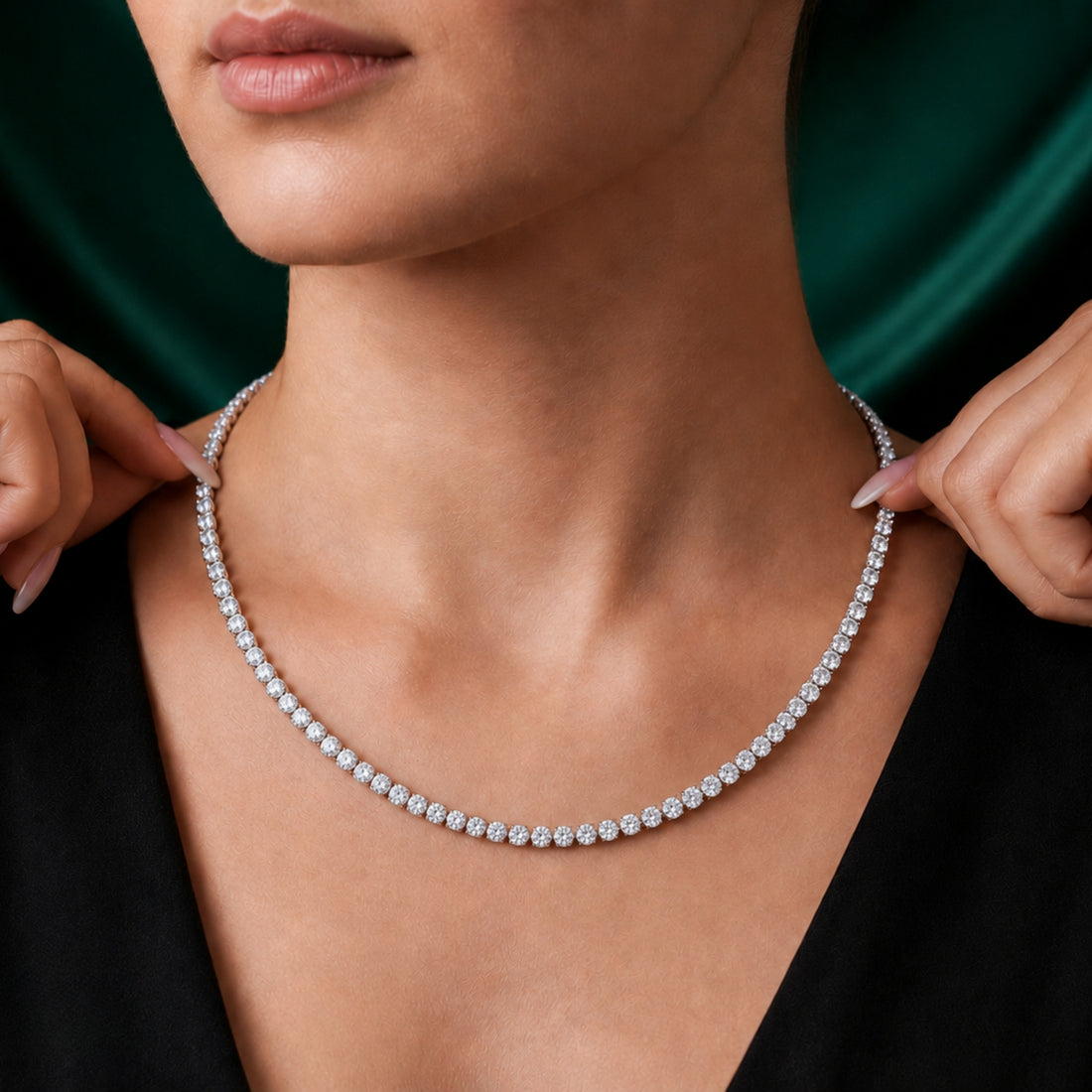 diamond tennis necklace with solid gold necklace.
