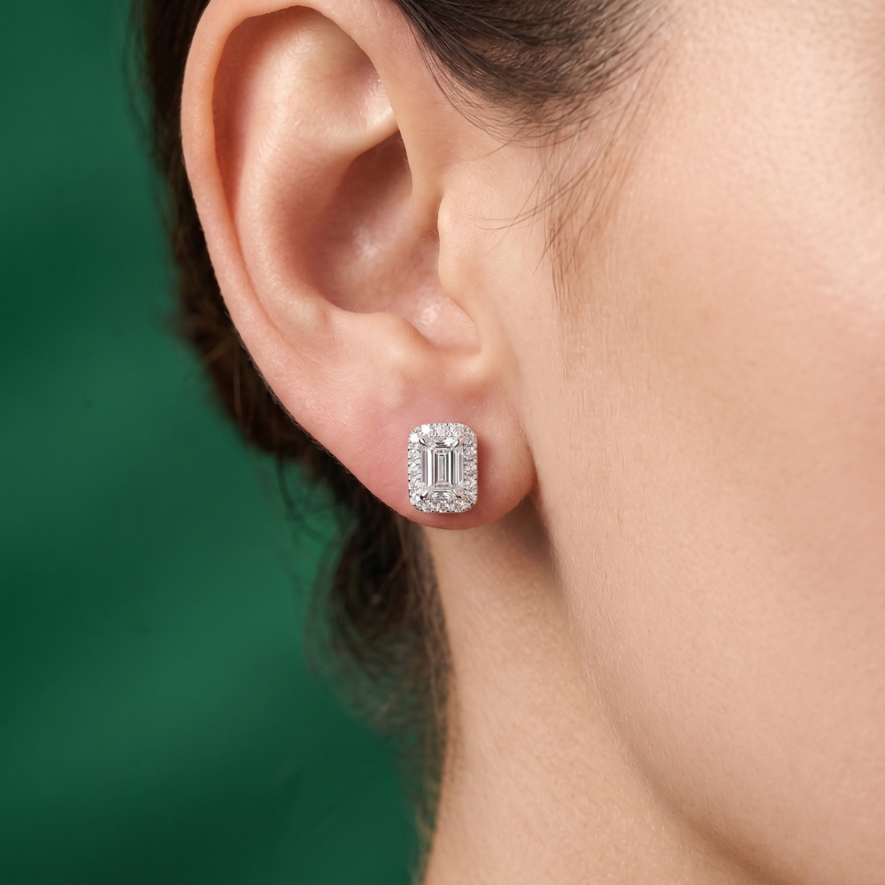 Push Back Set Halo Emerald Cut Stud Earrings