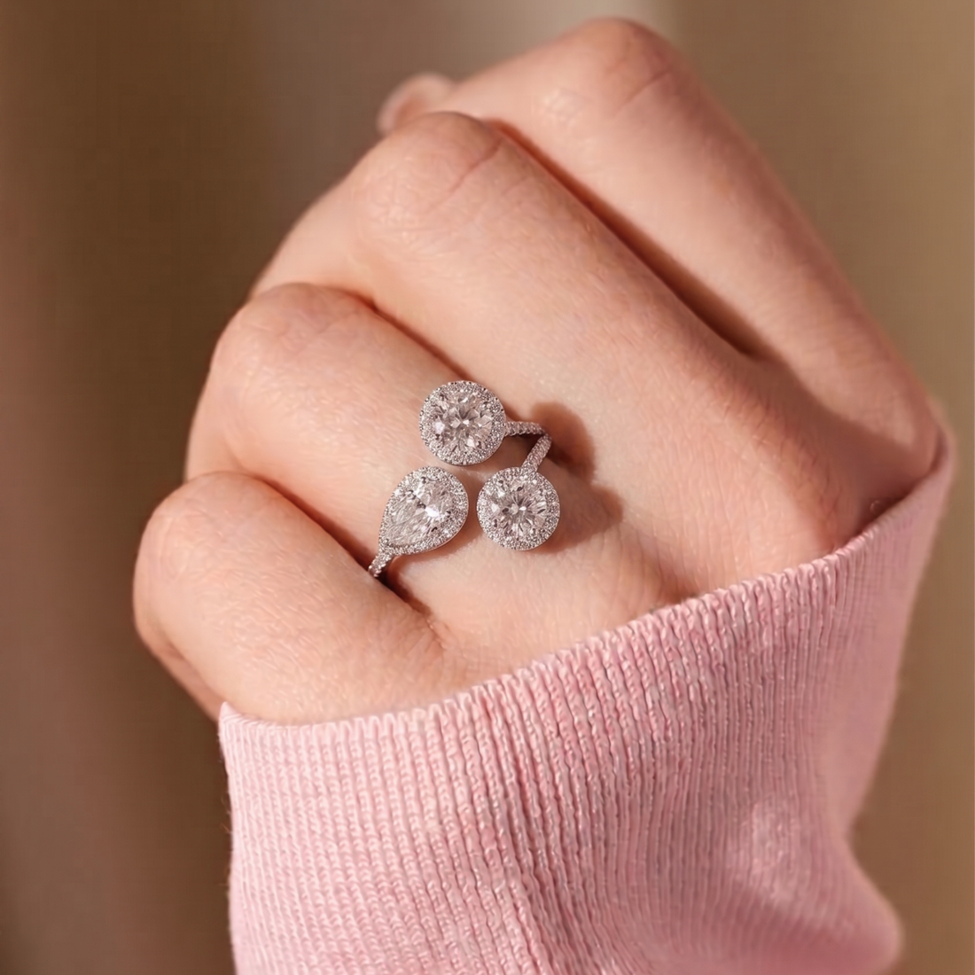 Pear And Round Three Stone Diamond Engagement Ring