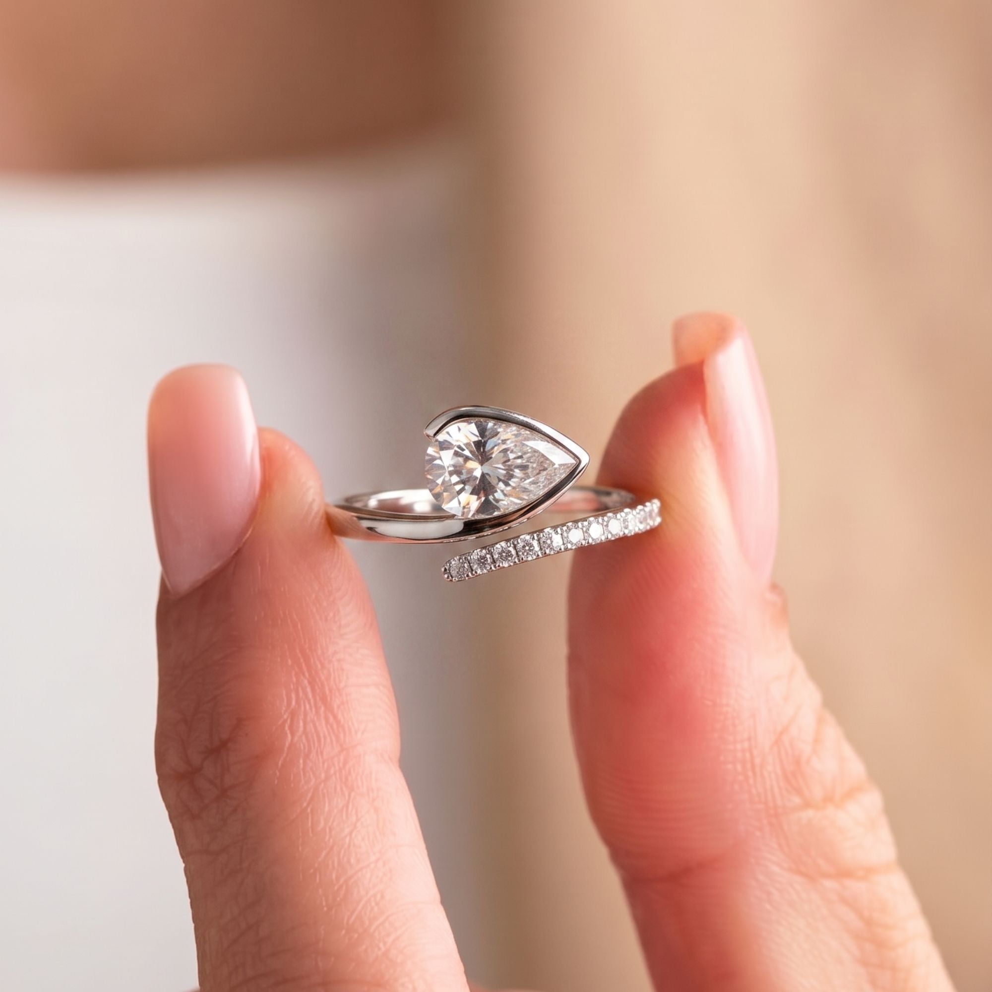 Bypass engagement ring with solid gold ring.
