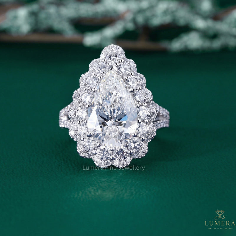 pear shaped engagement ring with almond engagement ring.