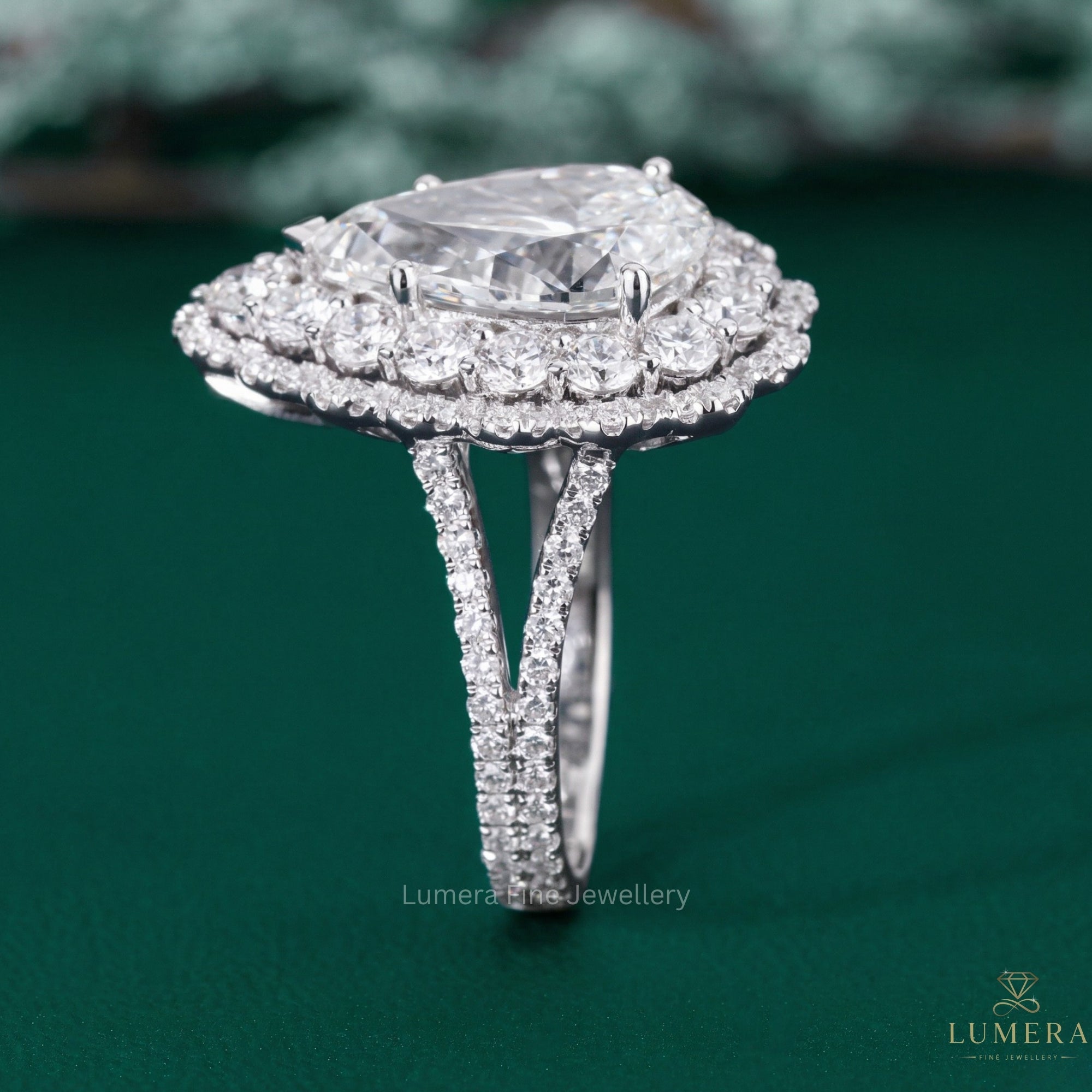 double halo ring setting with split shank engagement ring.