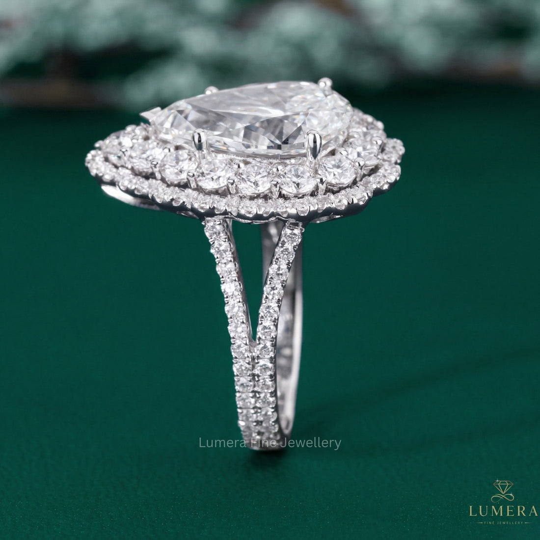 double halo ring setting with split shank engagement ring.