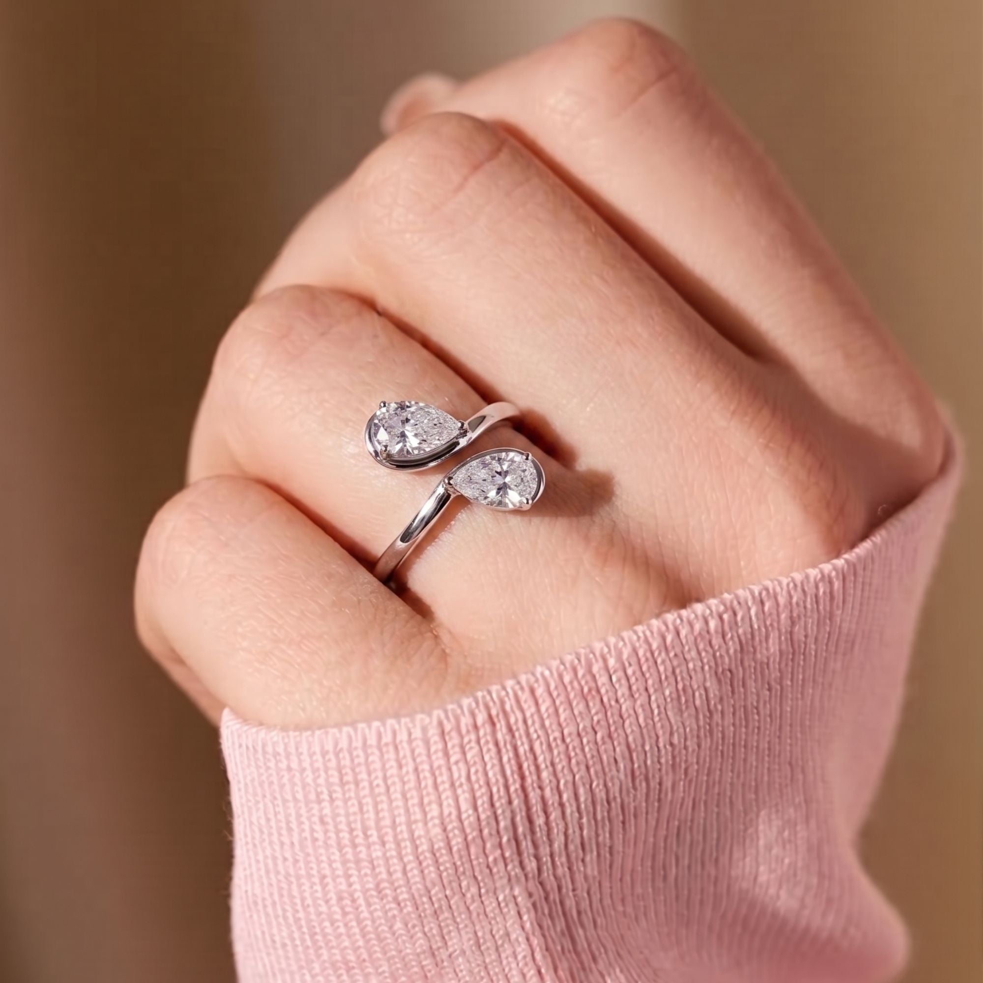 Two Stone Bezel Setting Almond Shape Engagement Ring