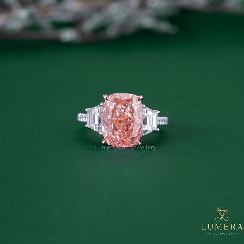 Three Stone Cushion Cut Pink Diamond Engagement Ring