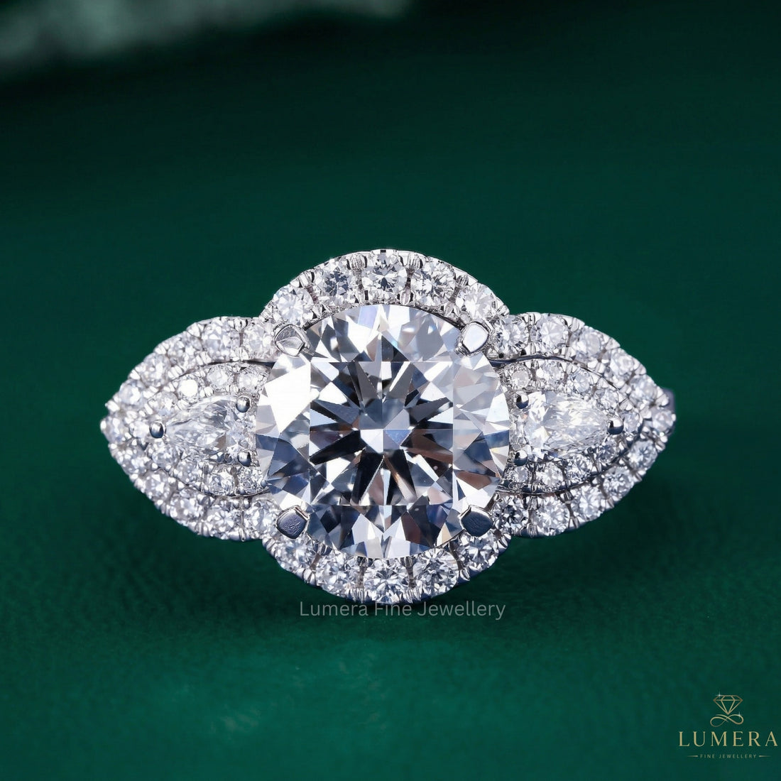 round cut diamond ring with pear diamond side stone.