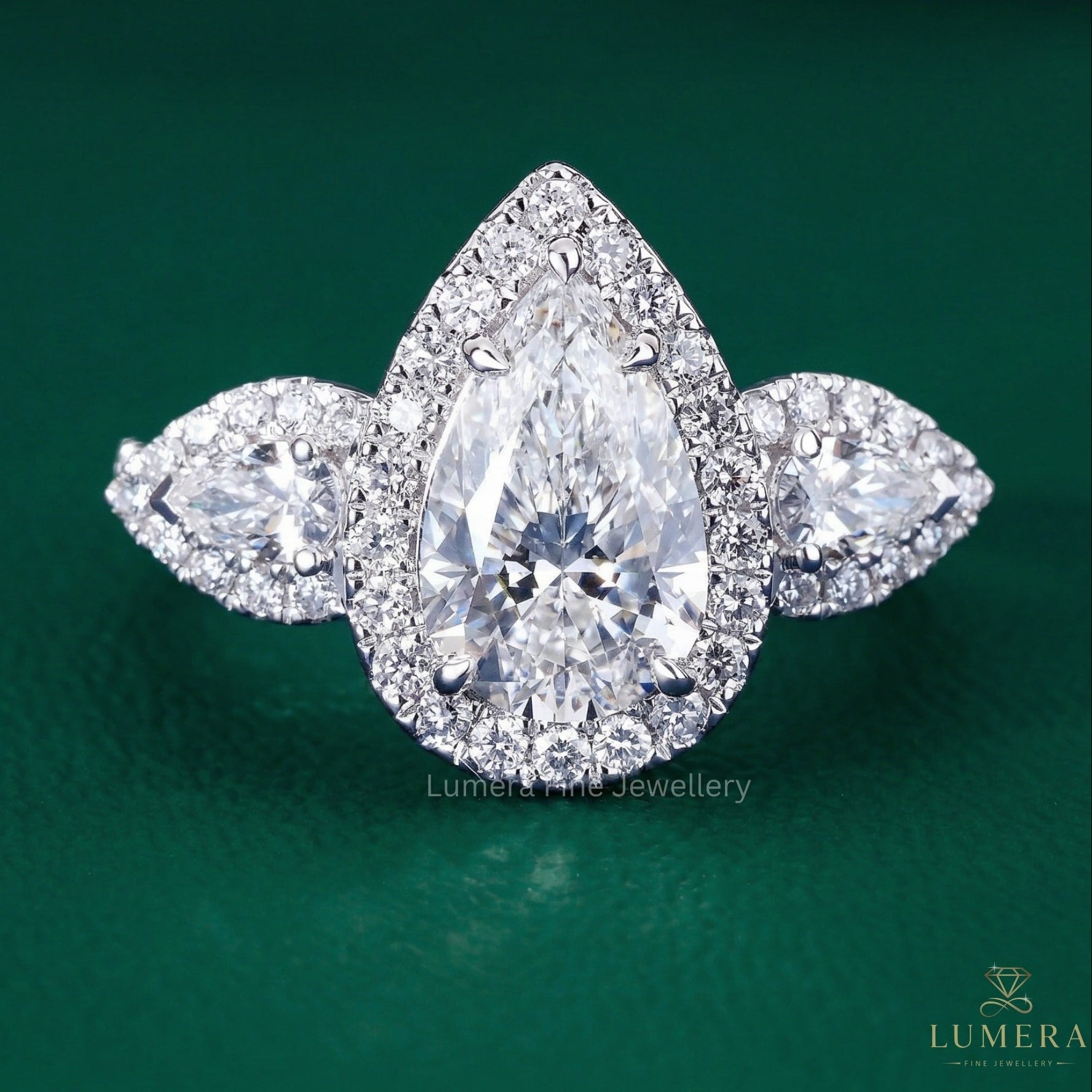 pear shaped three stone diamond ring with trellis setting ring.