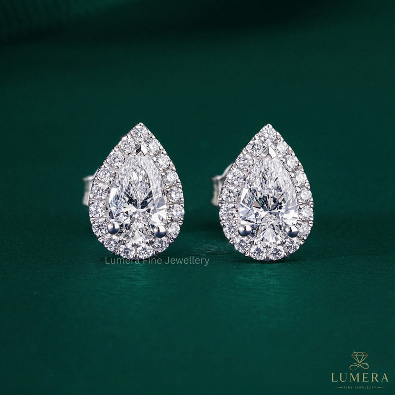 pear shape halo earrings with pear earrings.
