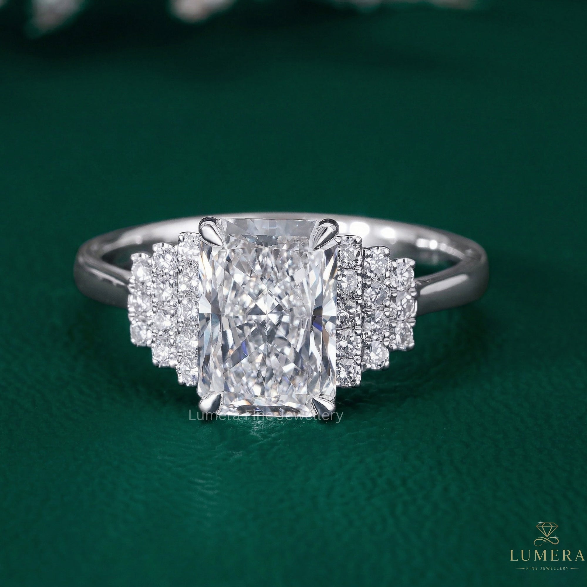 Radiant cut engagement ring with muse setting ring.