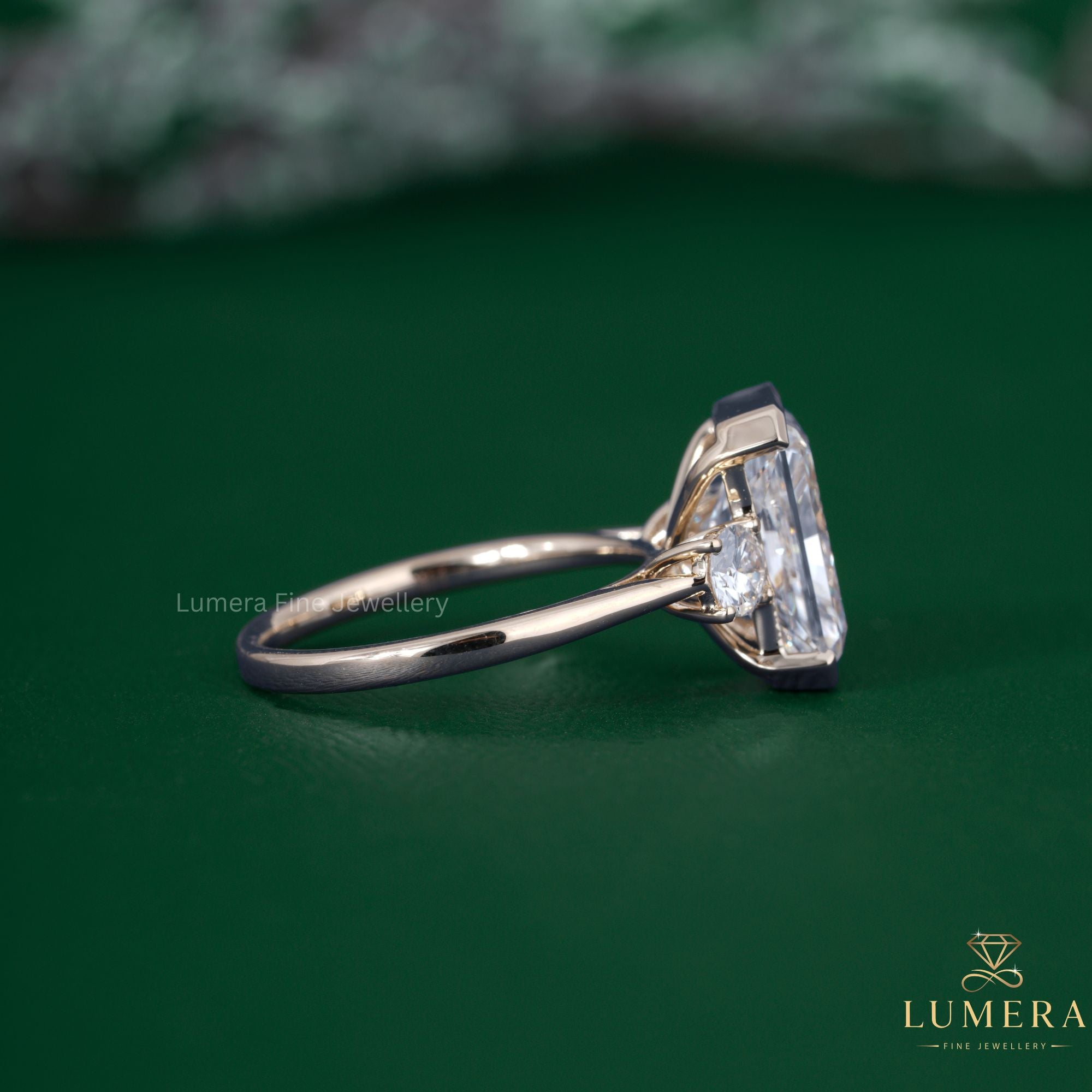 Half bezel engagement ring with half bezel ring.