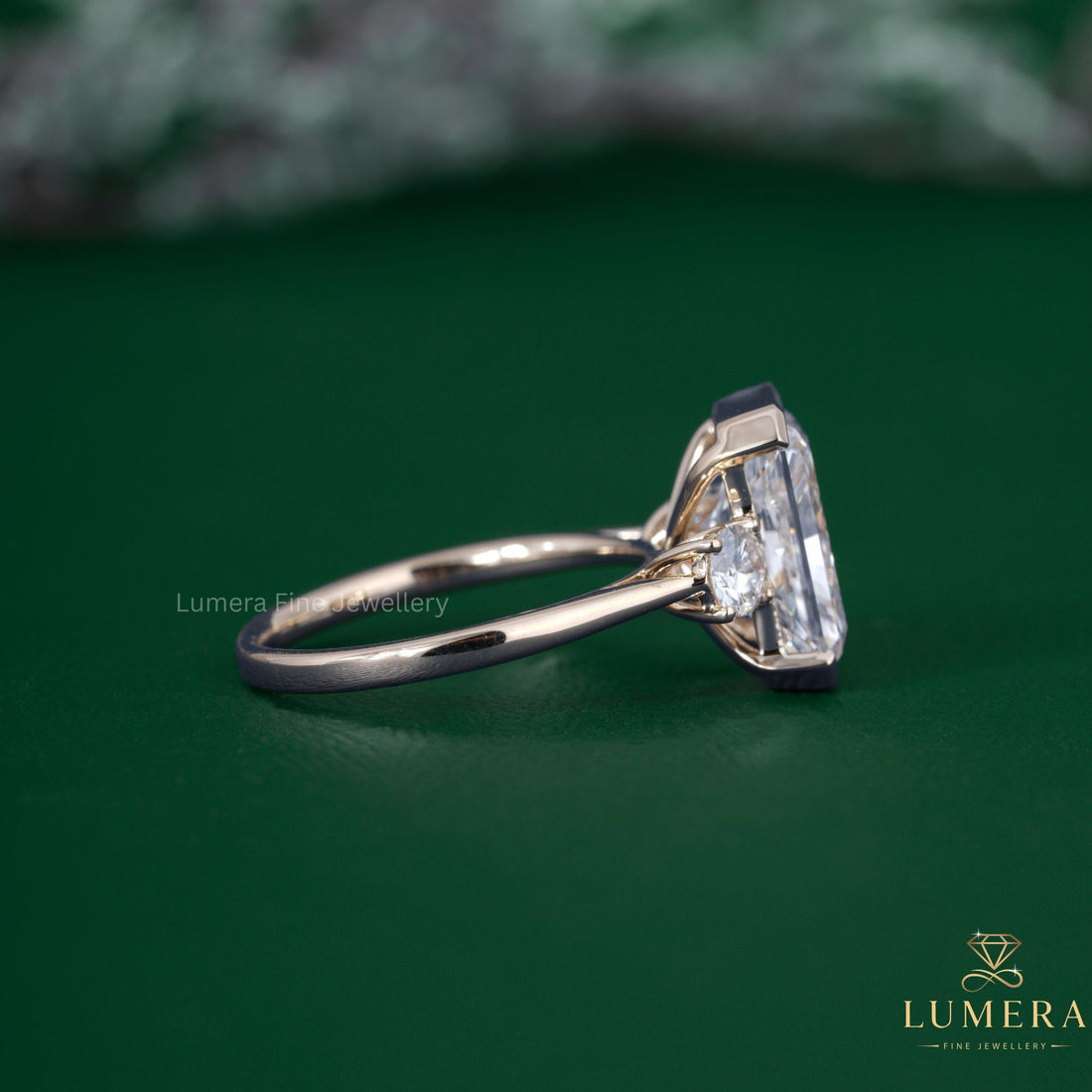 Half bezel engagement ring with half bezel ring.