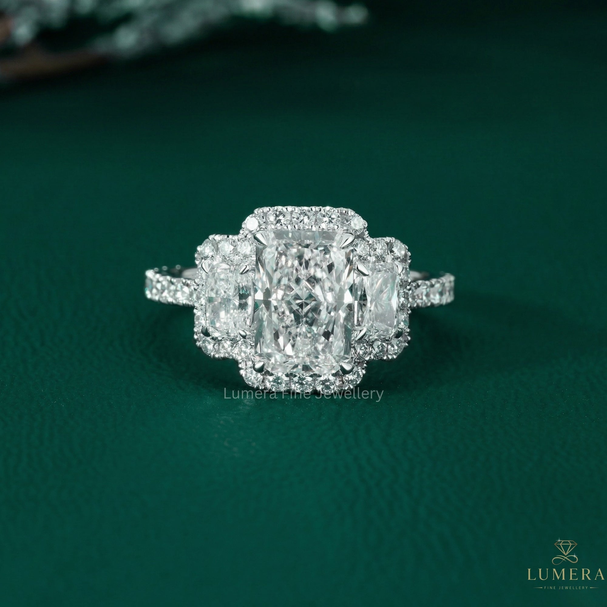 radiant three stone ring with three stone engagement ring.