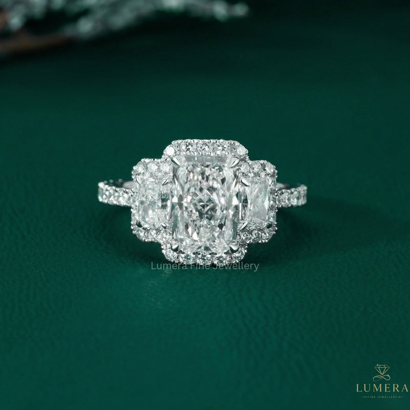 radiant three stone ring with three stone engagement ring.