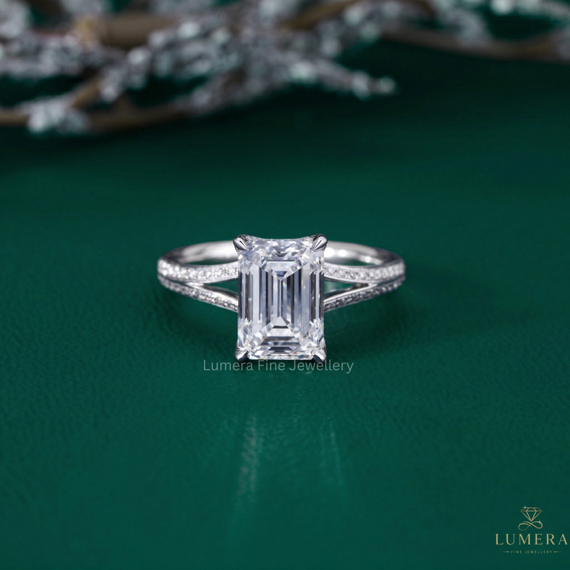 Solid Gold Emerald Cut Ring In Split Shank Pave Setting