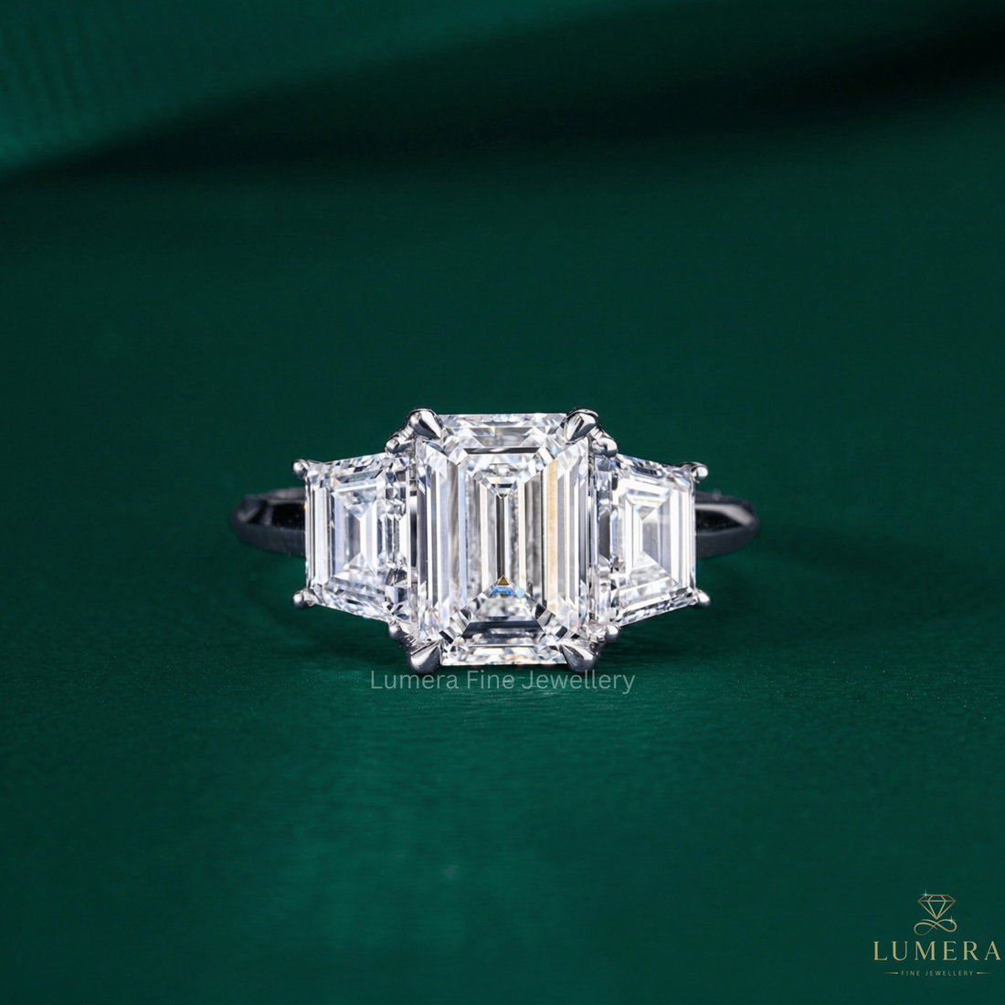 emerald cut diamond engagement ring with trilogy ring.