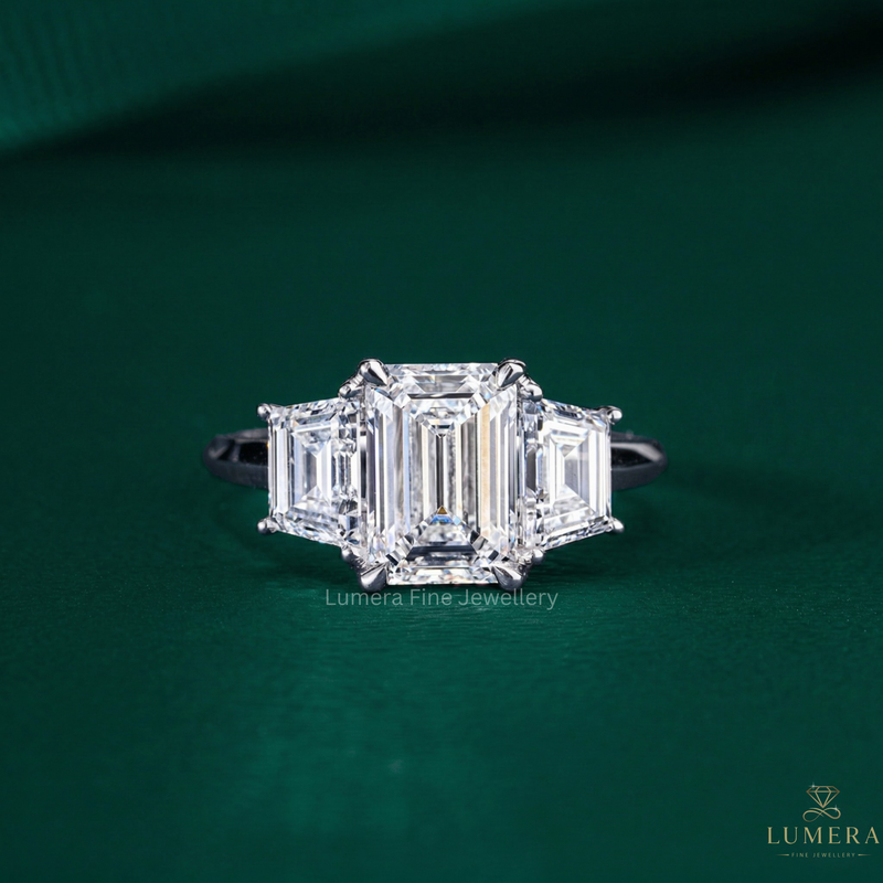 emerald cut diamond engagement ring with trilogy ring.