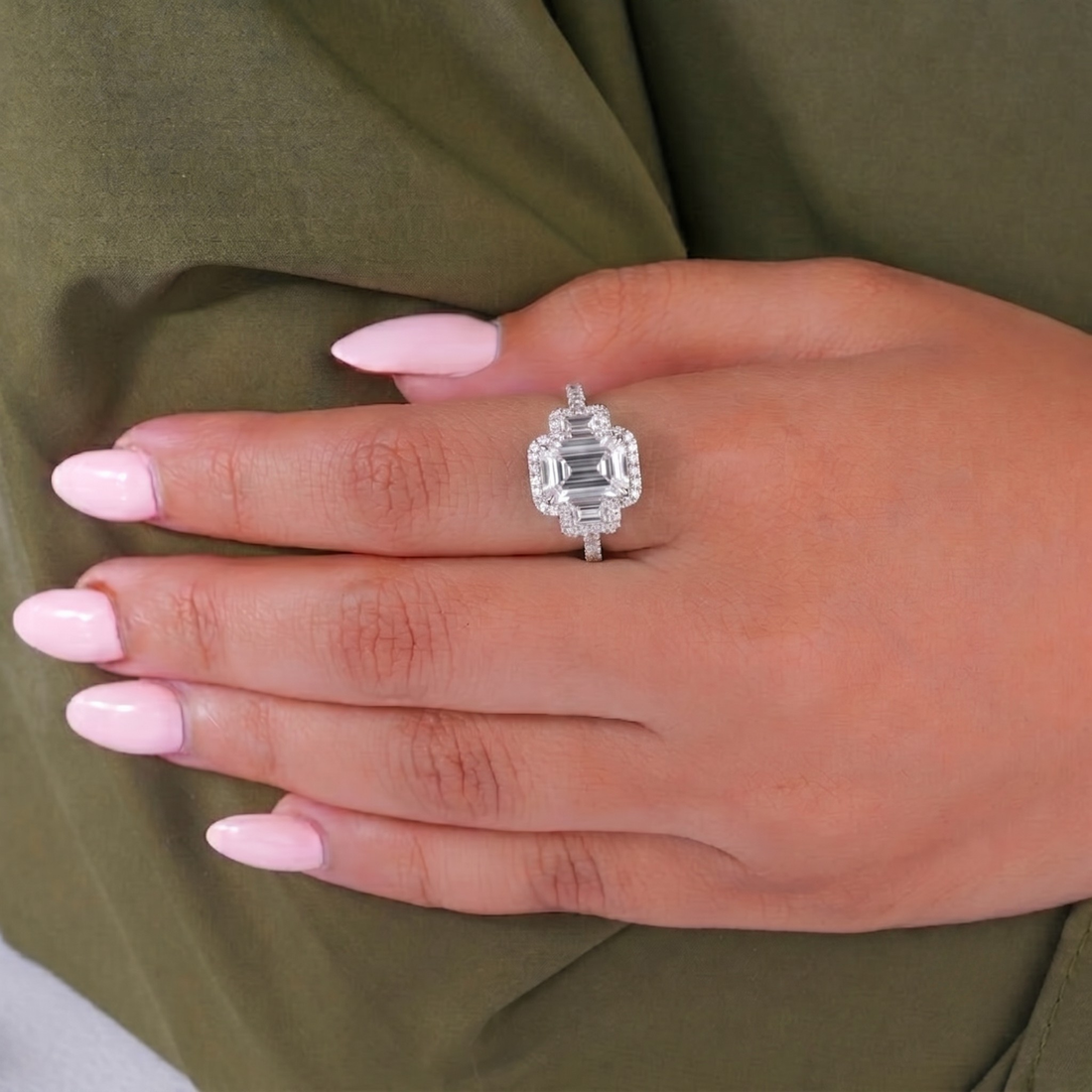 halo engagement ring with pave diamond ring.
