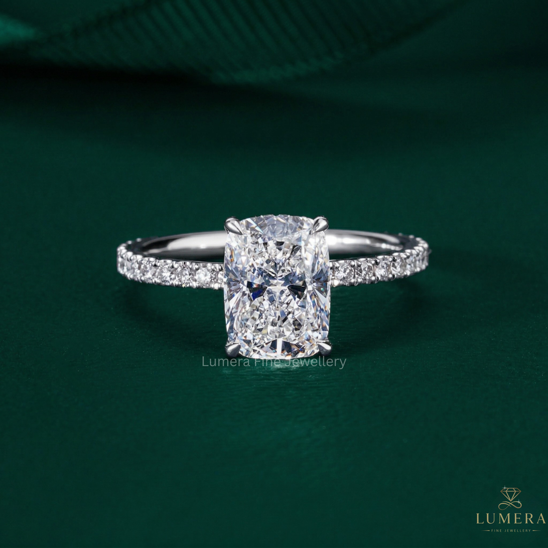 Hidden Halo Engagement Ring with Elongated Cushion Cut Ring.
