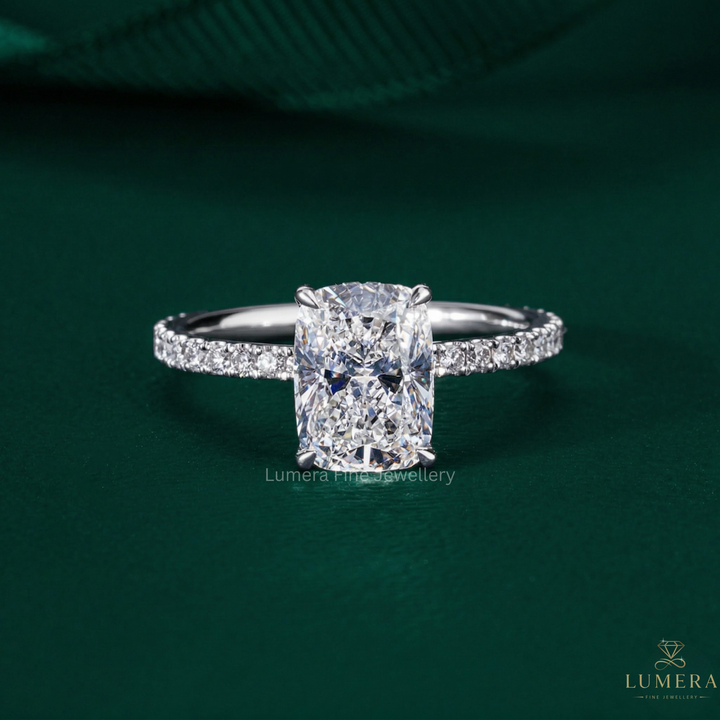 Hidden Halo Engagement Ring with Elongated Cushion Cut Ring.
