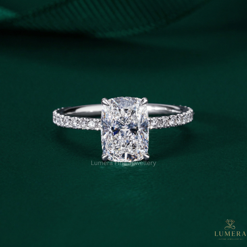Hidden Halo Engagement Ring with Elongated Cushion Cut Ring.

