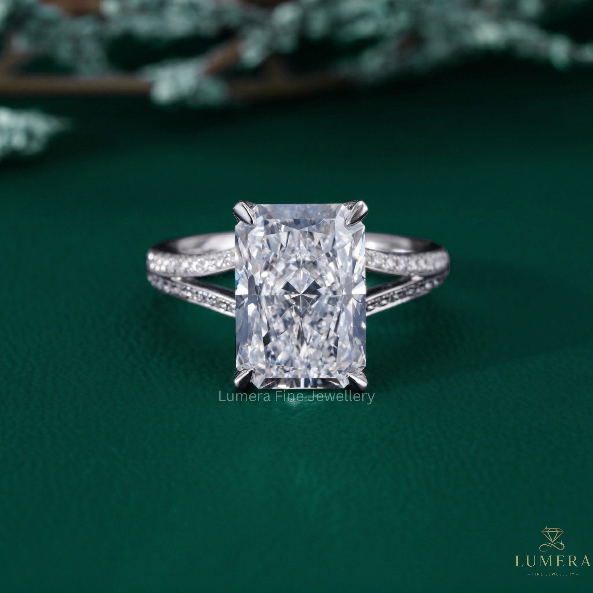 Radiant diamond engagement ring with radiant engagement ring.