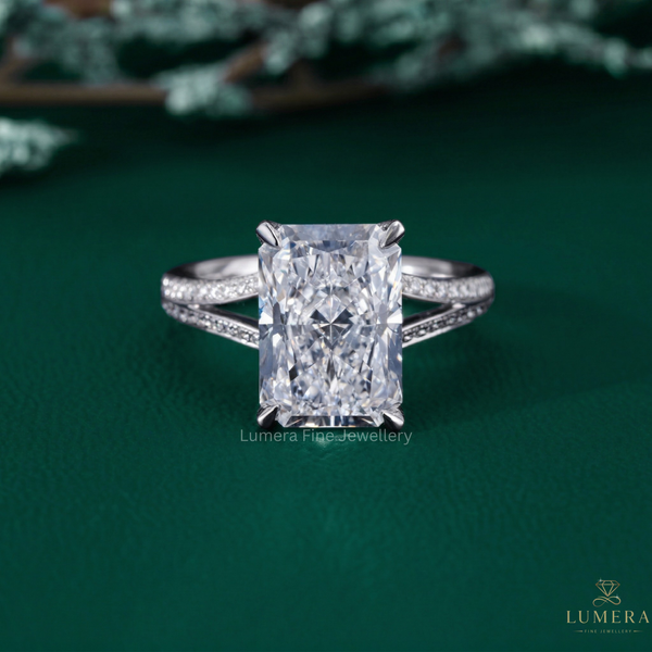 Radiant diamond engagement ring with radiant engagement ring.