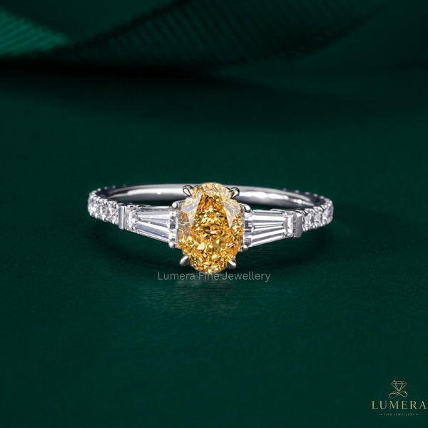 Three stone engagement ring with Trilogy ring.
