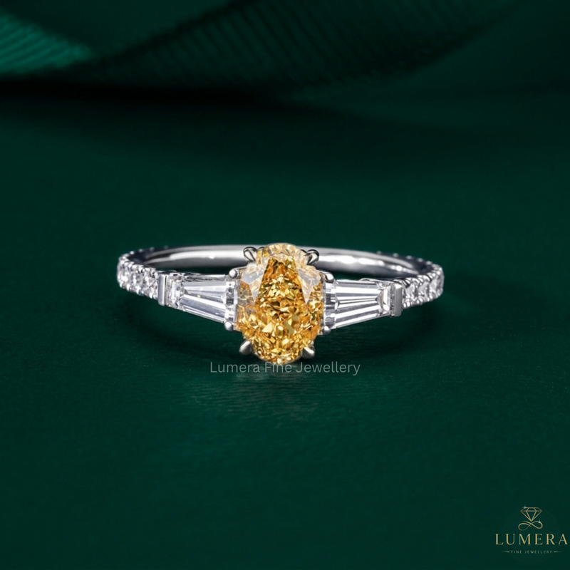 Three stone engagement ring with Trilogy ring.