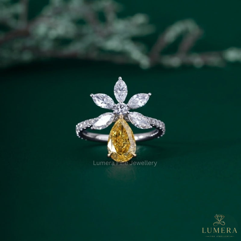 Flower Shape Pear Marquise And Round Yellow Diamond Ring
