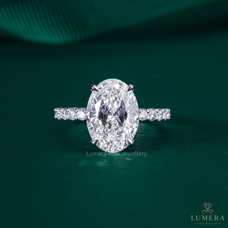 oval lab grown diamond engagement ring with hidden halo oval engagement ring.
