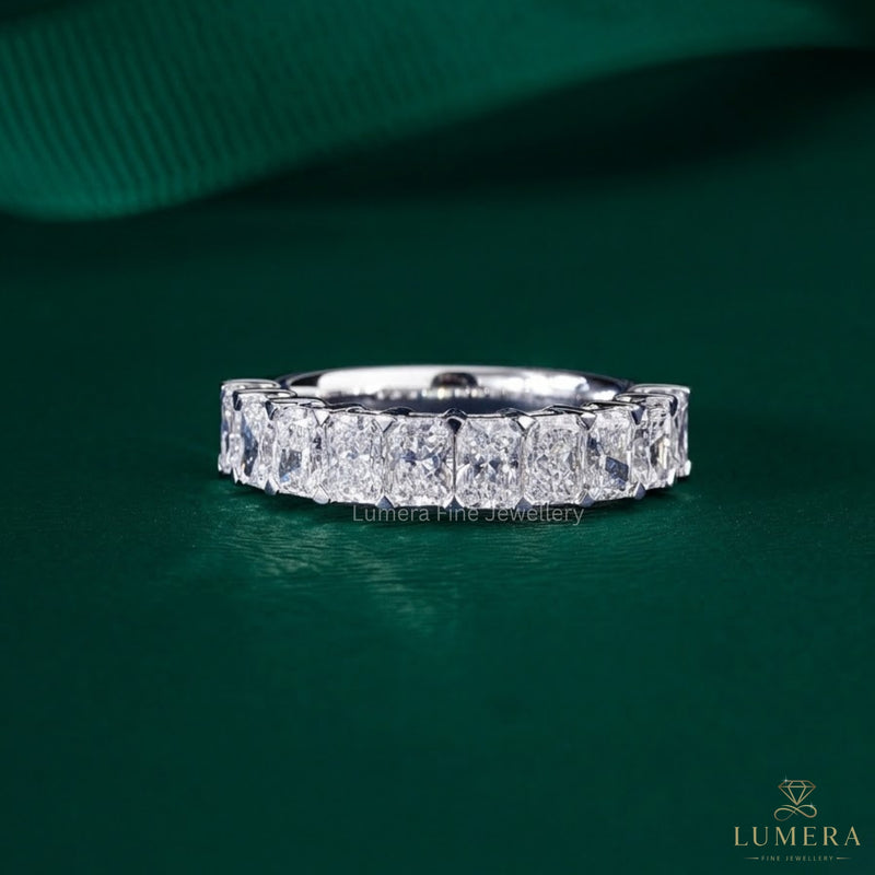 radiant cut eternity band with radiant cut half eternity band.
