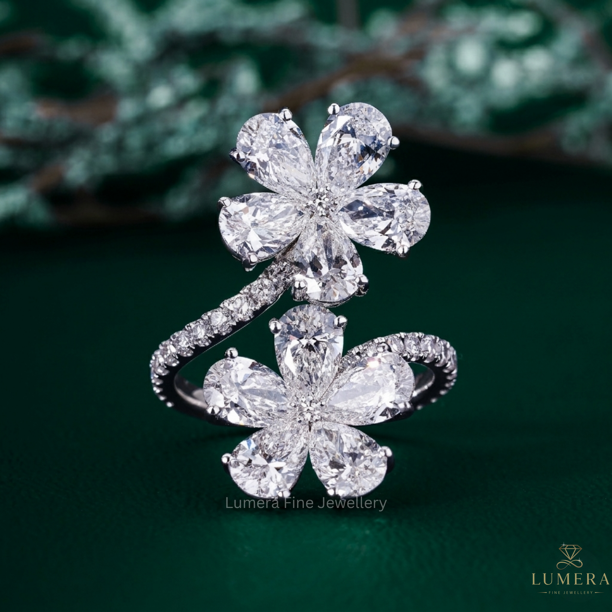 Bypass Engagement Ring with flower shape bypass ring.
