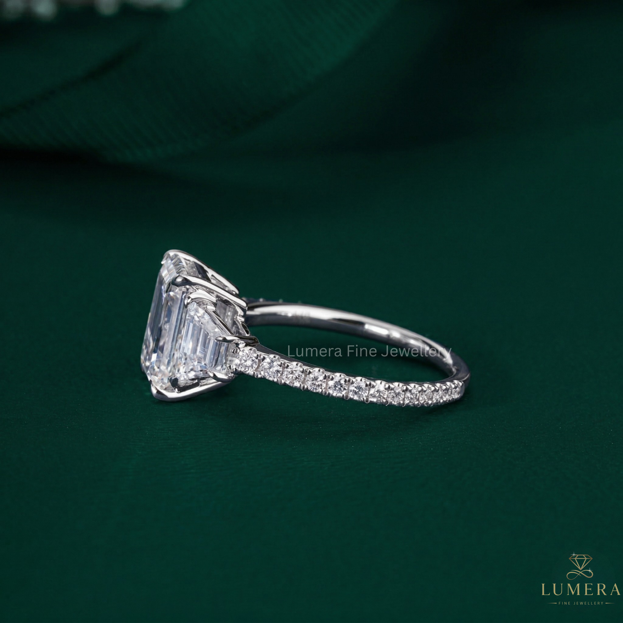 three stone ring with trilogy engagement ring.
