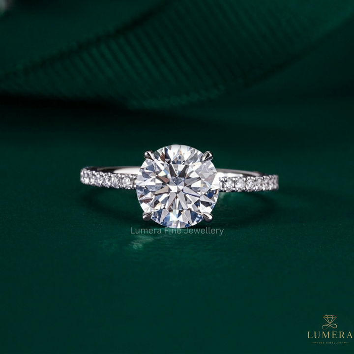 Round Cut Hidden Halo Ring with round cut diamond ring.