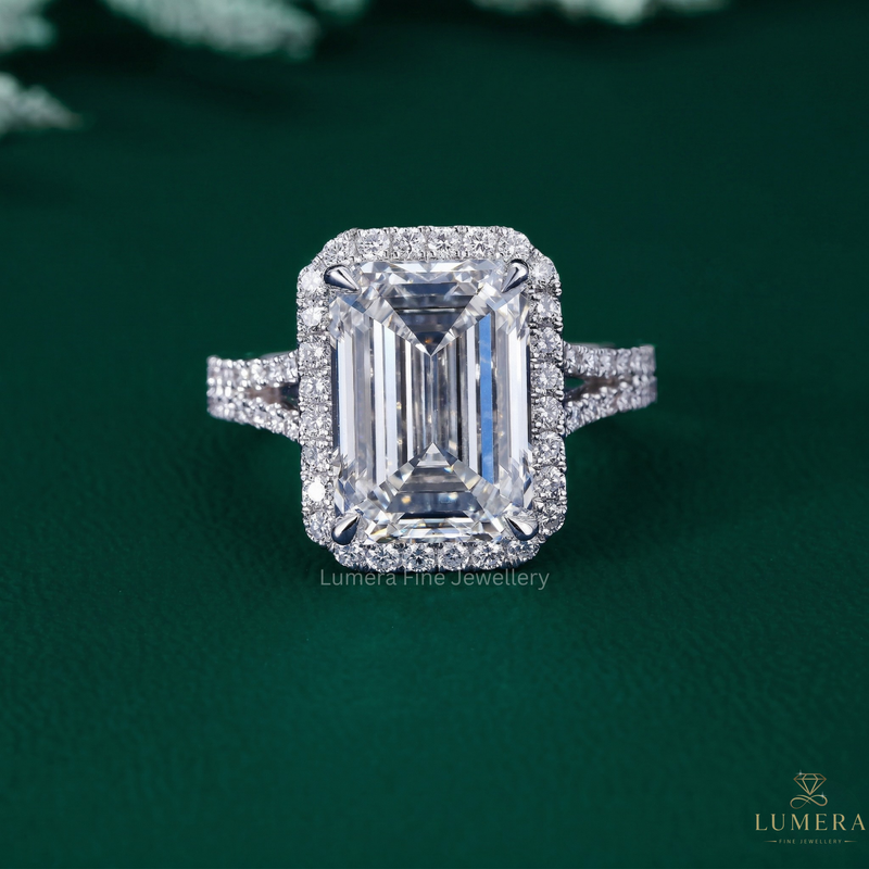 cathedral setting ring with Emerald Diamond Engagement Ring.
