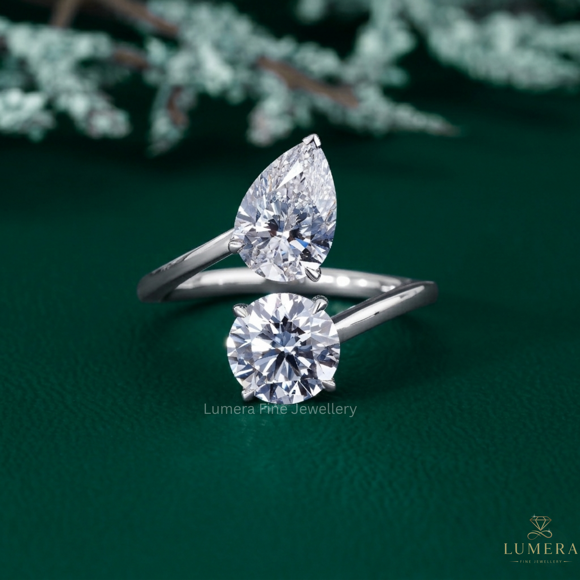 pear and round engagement ring with almond and round diamond ring.